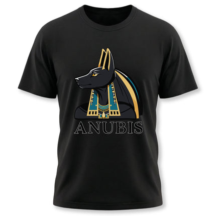 Stylized Anubis Egyptian god graphic on a black t-shirt.