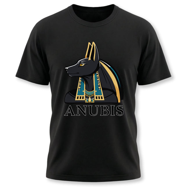 Stylized Anubis Egyptian god graphic on a black t-shirt.