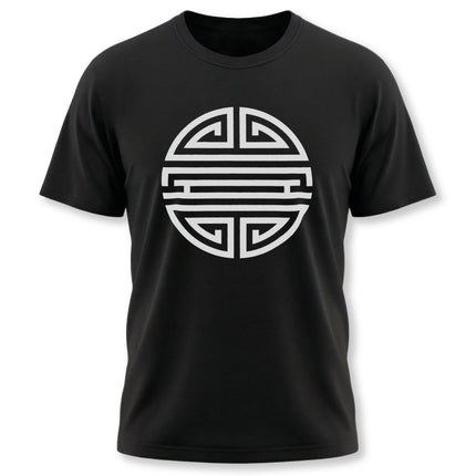 Black t-shirt featuring the white Chinese Shou symbol, representing longevity and good fortune.