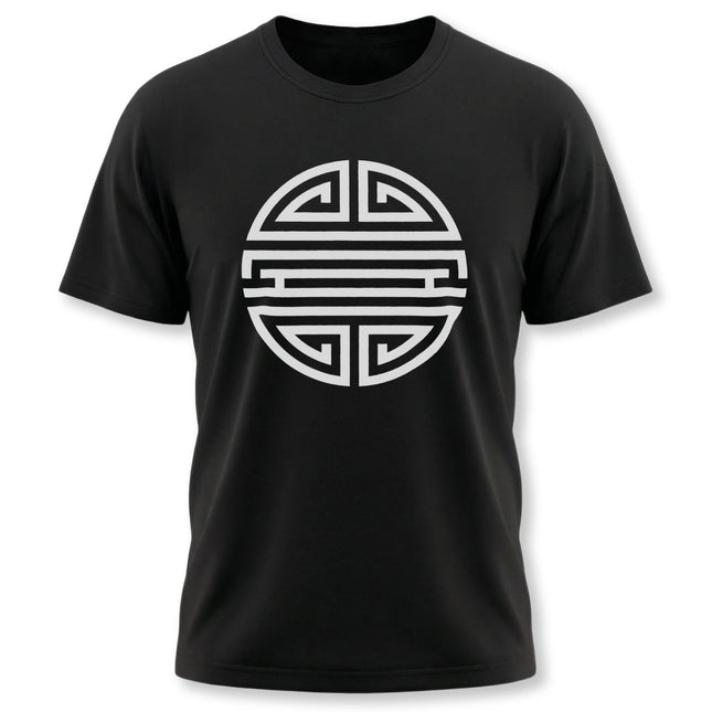 Black t-shirt featuring the white Chinese Shou symbol, representing longevity and good fortune.