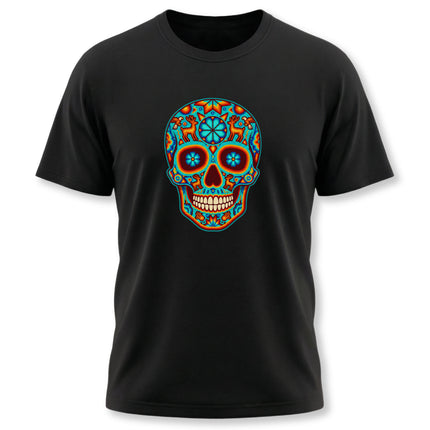 Colorful Huichol sugar skull graphic on a black t-shirt, celebrating Mexican Día de los Muertos folk art.