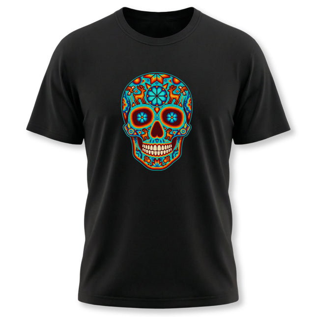 Colorful Huichol sugar skull graphic on a black t-shirt, celebrating Mexican Día de los Muertos folk art.