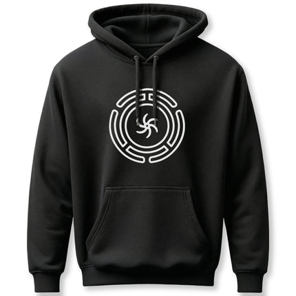 Black hoodie featuring the Hekate's Wheel symbol. Goddess and witchcraft design.