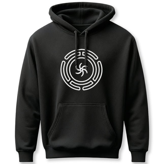 Black hoodie featuring the Hekate's Wheel symbol. Goddess and witchcraft design.