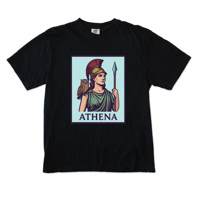 Greek Goddess Athena t-shirt print featuring an owl and spear mythology graphic.