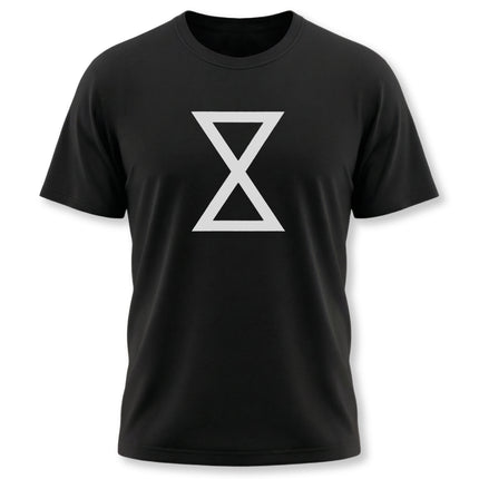 Black t-shirt featuring the white Lakota Kapemni symbol, representing cosmic balance and as above, so below.