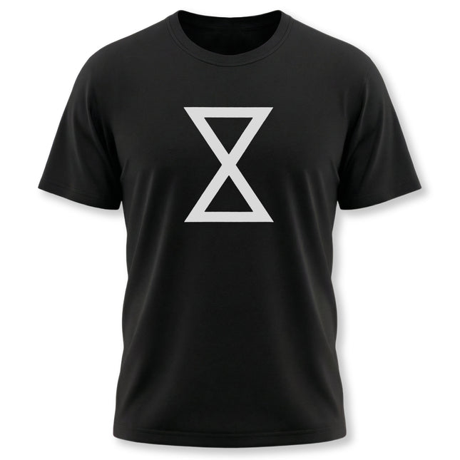 Black t-shirt featuring the white Lakota Kapemni symbol, representing cosmic balance and as above, so below.