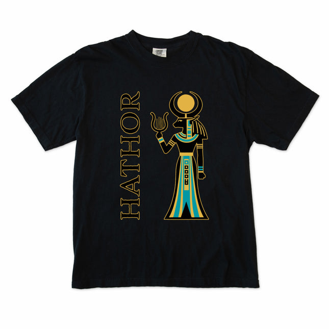 Hathor goddess t-shirt design featuring an ancient Egyptian sun disk and mythology art.