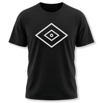 Shaman's Eye symbol graphic on a black t-shirt. Minimalist spiritual medicine eye design.