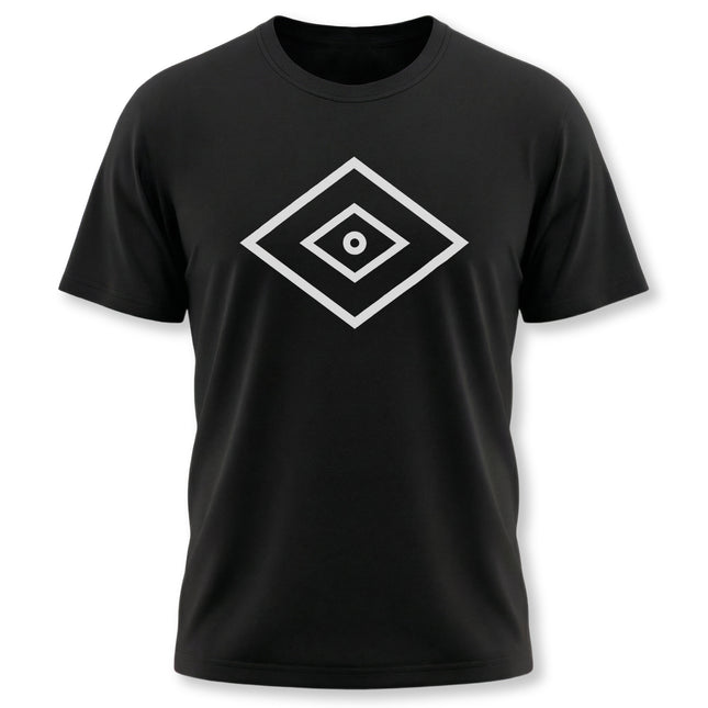 Shaman's Eye symbol graphic on a black t-shirt. Minimalist spiritual medicine eye design.