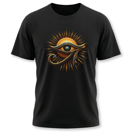 Eye of Ra Egyptian sun symbol graphic tee on a black shirt.