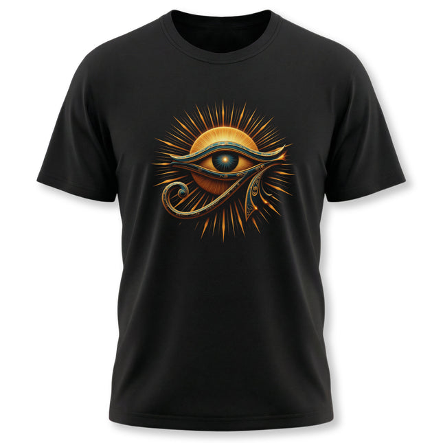 Eye of Ra Egyptian sun symbol graphic tee on a black shirt.