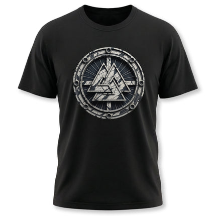 Black t-shirt featuring the detailed Valknut symbol of Norse mythology.