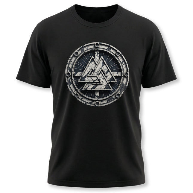 Black t-shirt featuring the detailed Valknut symbol of Norse mythology.