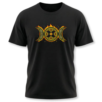Flaming Celtic triple moon goddess symbol graphic on a black t-shirt.