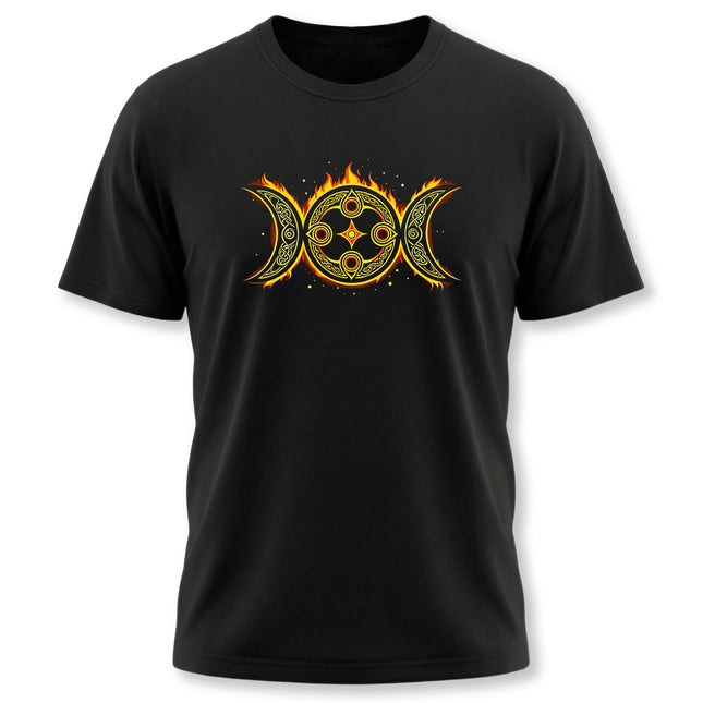 Flaming Celtic triple moon goddess symbol graphic on a black t-shirt.