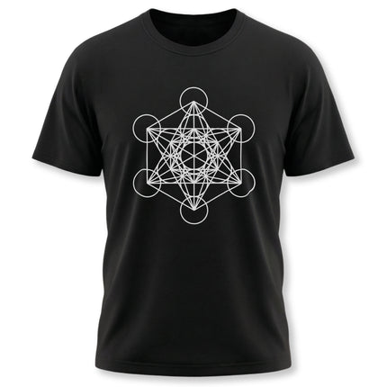 Sacred geometry Metatron's Cube line art graphic on a black t-shirt.