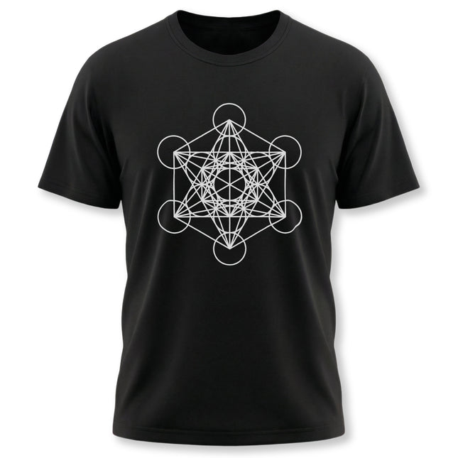 Sacred geometry Metatron's Cube line art graphic on a black t-shirt.