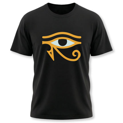 Black t-shirt featuring the golden Eye of Horus symbol, an ancient Egyptian graphic design.