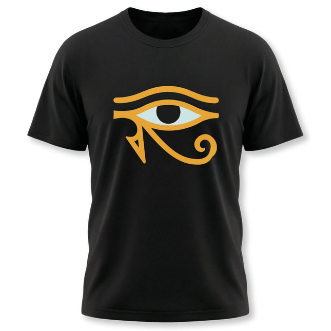 Black t-shirt featuring the golden Eye of Horus symbol, an ancient Egyptian graphic design.