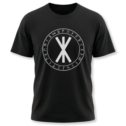 Black tee featuring circular Elder Futhark runes and a central protective Norse symbol.