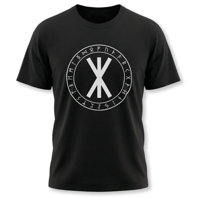 Black tee featuring circular Elder Futhark runes and a central protective Norse symbol.