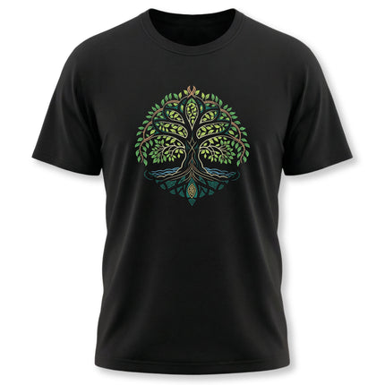 Symbolic Celtic Tree of Life graphic on a black t-shirt.
