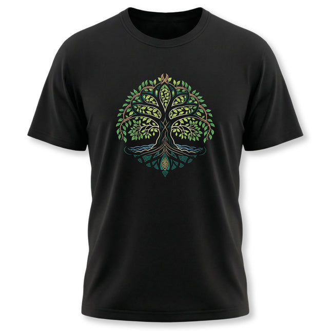 Symbolic Celtic Tree of Life graphic on a black t-shirt.