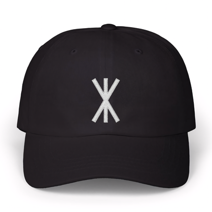 Black baseball cap embroidered with the Norse Strength Rune (Bind Rune) design.