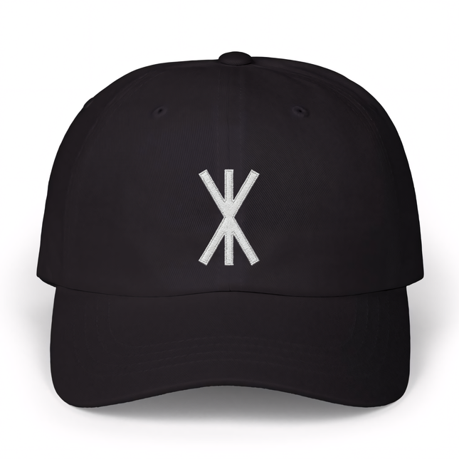 Black baseball cap embroidered with the Norse Strength Rune (Bind Rune) design.