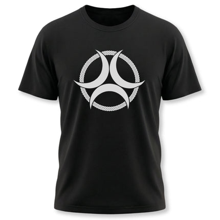 Black t-shirt featuring a white Celtic Triple Moon Goddess symbol knotwork design.