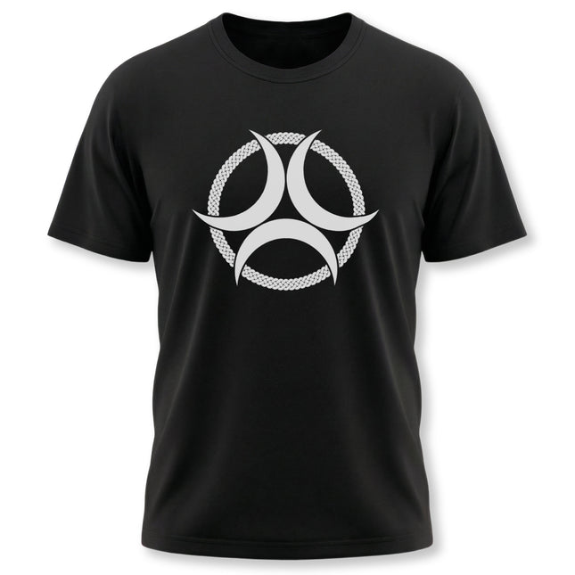 Black t-shirt featuring a white Celtic Triple Moon Goddess symbol knotwork design.