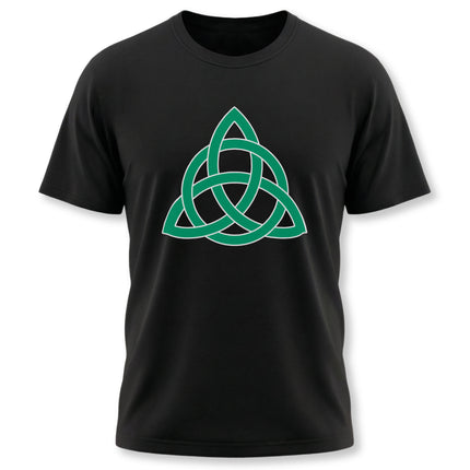 Green Celtic Triquetra knot graphic on a black t-shirt.