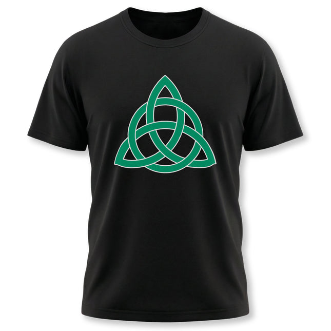 Green Celtic Triquetra knot graphic on a black t-shirt.