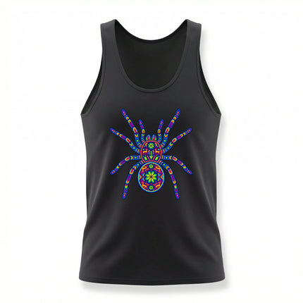 Colorful Huichol tarantula mandala print on a black unisex tank top. Mexican folk art design.