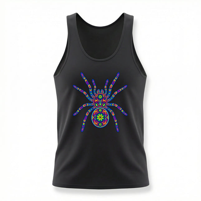 Colorful Huichol tarantula mandala print on a black unisex tank top. Mexican folk art design.