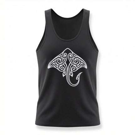 Polynesian tribal stingray graphic on a black unisex tank top.