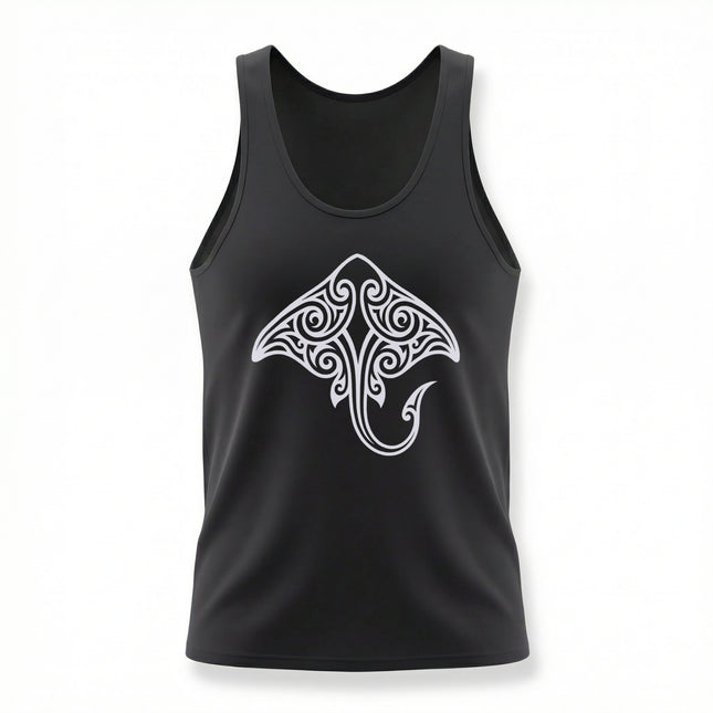 Polynesian tribal stingray graphic on a black unisex tank top.