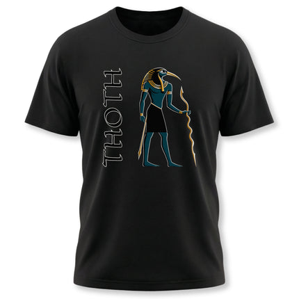 Black t-shirt featuring Thoth, the Egyptian god of wisdom, in an ancient mythology style.