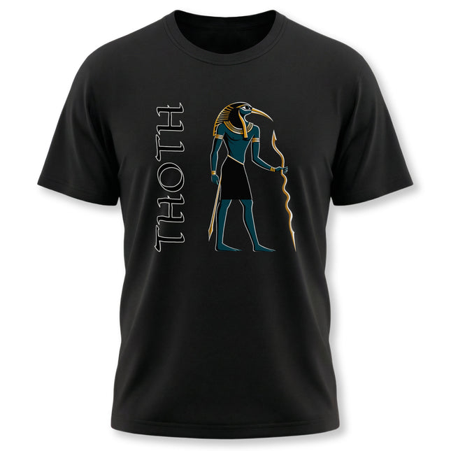Black t-shirt featuring Thoth, the Egyptian god of wisdom, in an ancient mythology style.