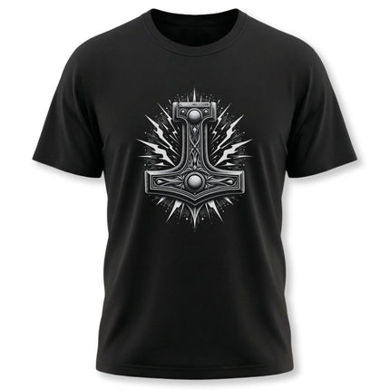 Mjolnir hammer graphic tee featuring a stylized Norse mythology design on a black shirt.