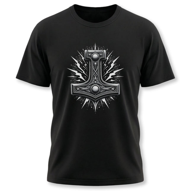 Mjolnir hammer graphic tee featuring a stylized Norse mythology design on a black shirt.