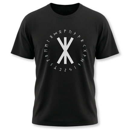 Norse rune graphic tee featuring the Elder Futhark alphabet and protective symbols.