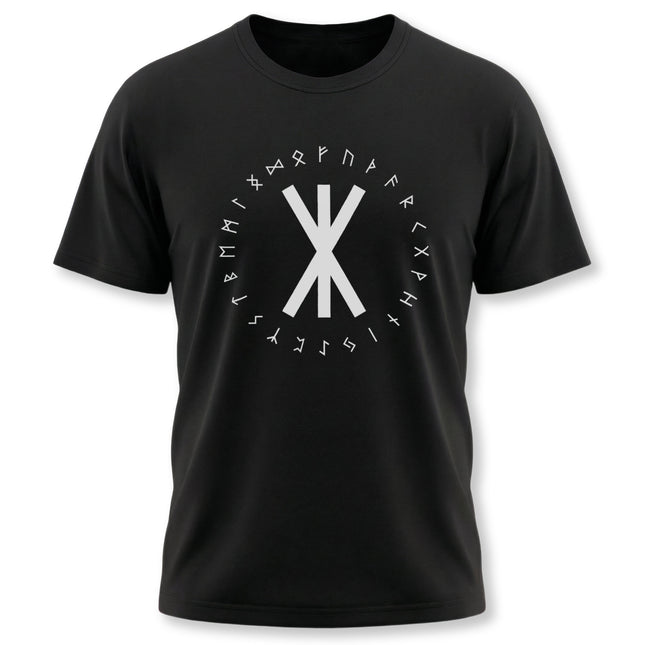 Norse rune graphic tee featuring the Elder Futhark alphabet and protective symbols.