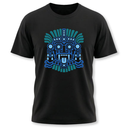 Aztec Tlaloc T-Shirt | Blue Rain God Face with Geometric Details Tee