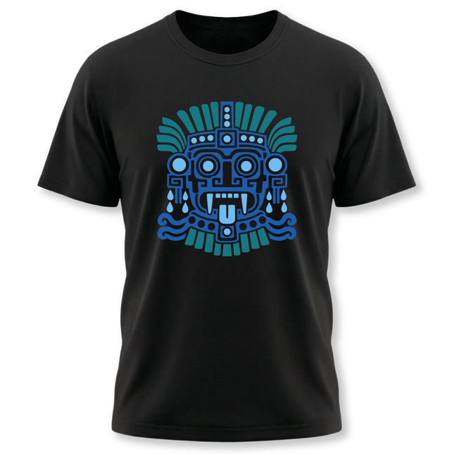 Aztec Tlaloc T-Shirt | Blue Rain God Face with Geometric Details Tee