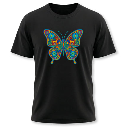 Vibrant Mexican Huichol butterfly graphic tee featuring deer and floral patterns on a black shirt.