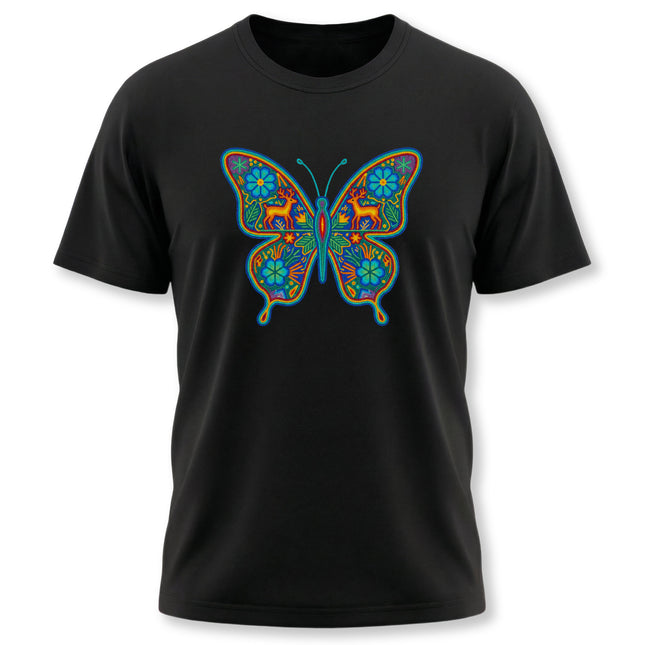 Vibrant Mexican Huichol butterfly graphic tee featuring deer and floral patterns on a black shirt.