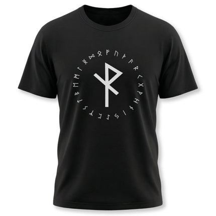 Black Norse t-shirt featuring the Algiz rune and Elder Futhark runes for protection.