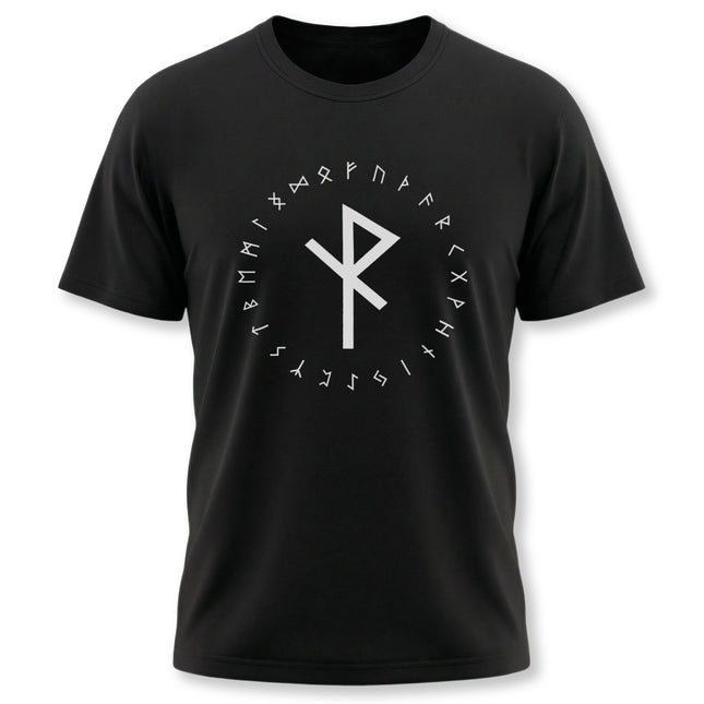 Black Norse t-shirt featuring the Algiz rune and Elder Futhark runes for protection.